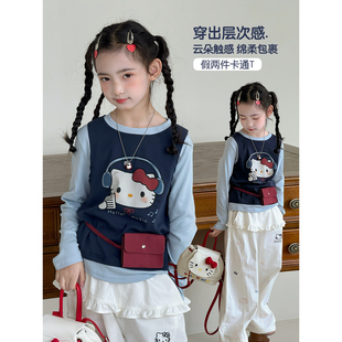 女童长袖T恤2026春季新款儿童春装洋气打底衫女孩韩版假两件上衣