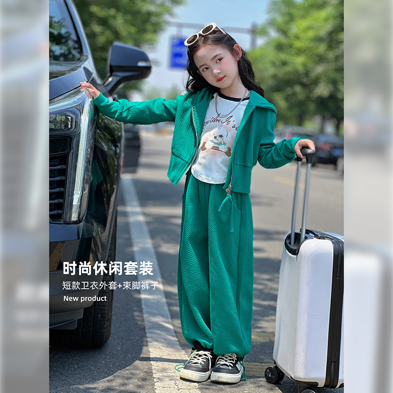 女童套装2024新款秋季儿童连帽开衫女大童上衣阔腿裤子韩版两件套