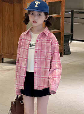 童衬衫2025秋季新款韩版女童粉色格子长袖衬衣中大童女宝宽松外套