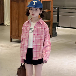 童衬衫2025秋季新款韩版女童粉色格子长袖衬衣中大童女宝宽松外套