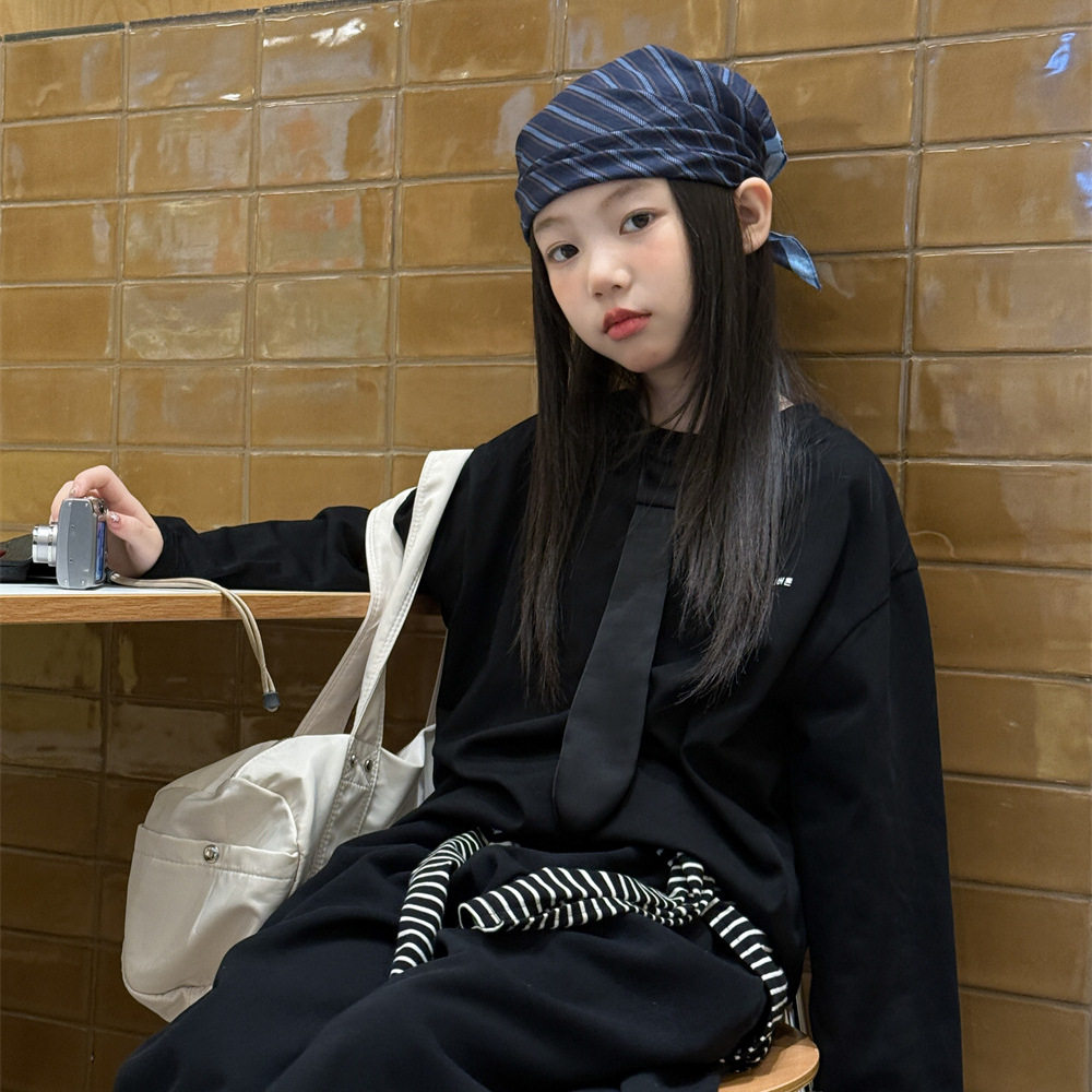 童装女童上衣2025秋季新款韩版领结T恤儿童百搭中大童打底衫潮童