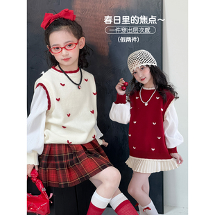 女童毛衣2026春季新款儿童洋气假两件针织衫女孩韩版长袖上衣春装