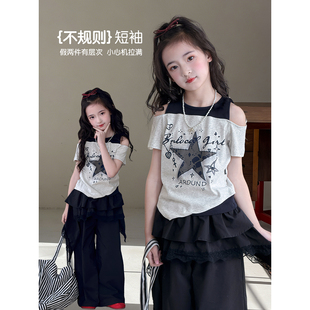 女童T恤2026夏季新款儿童短款韩版休闲短袖中童洋气假两件上衣潮