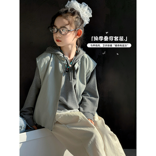 女童套装2025秋季新款儿童皮衣马甲卫衣中大童外套韩版休闲两件套