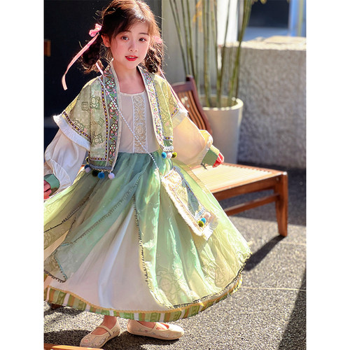女童汉服2025秋季新款儿童中国风马甲连衣裙包包女宝宝古风三件套