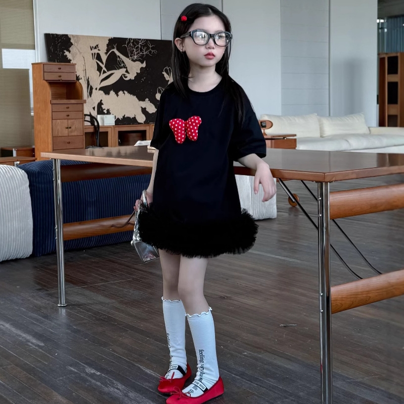 童装2025夏新女童立体蝴蝶结T恤拼接纱裙女孩网纱公主裙子连衣裙