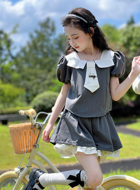 女童套装2026夏季新款儿童韩版泡泡袖两件套学院风短袖上衣裙子潮