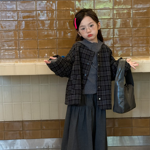 童裝 新款 韓版 格子中大童外套女童百搭寬松夾克潮 女童外套2025秋季