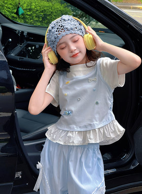 女童短袖T恤2026夏季新款儿童短款韩版假两件夏装小女孩洋气上衣