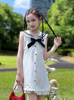 女童连衣裙2026夏季新款儿童学院风海军领无袖裙子白色背心裙短裙