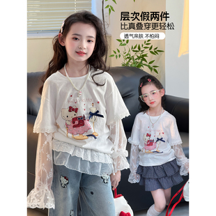 女童T恤2026春季新款儿童假两件卡通长袖春装中大童洋气百搭上衣