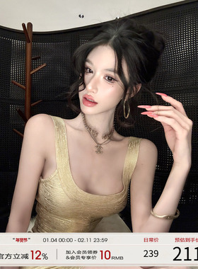 灰尘邓邓 法式气质修身包臀烫金绷带连衣裙D26Q0063