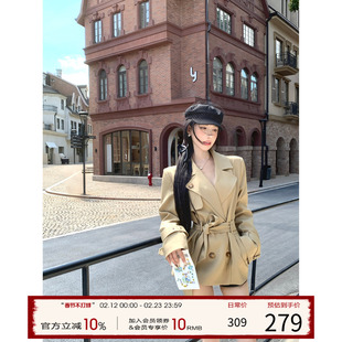 灰尘邓邓 短款风衣外套女2025冬季新款卡其色收腰翻领夹克上衣