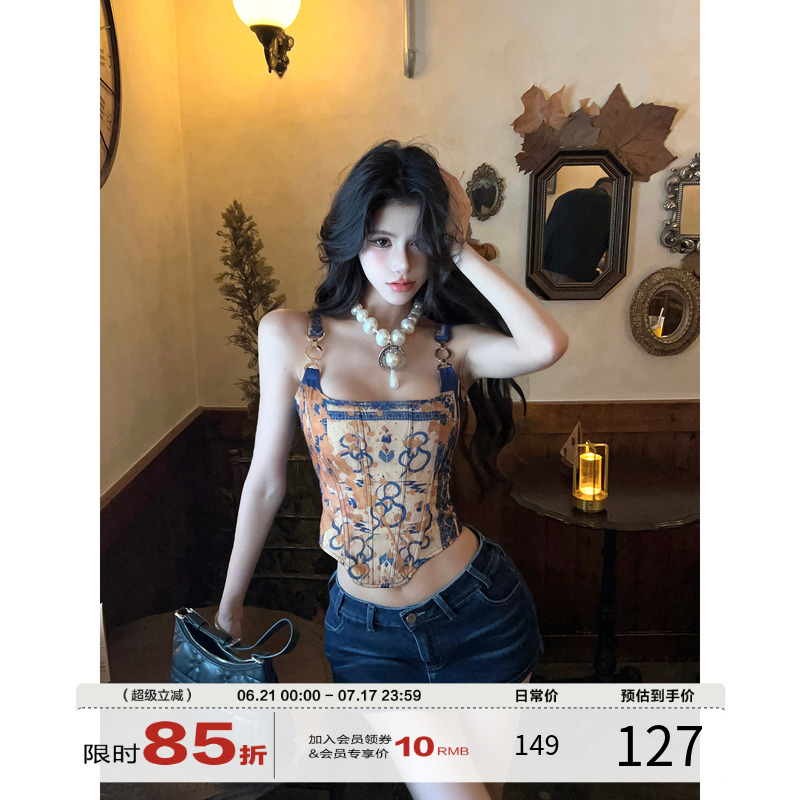 灰尘邓邓 印花吊带背心女2025夏季辣妹鱼骨胸衣泰式无袖抹胸上衣