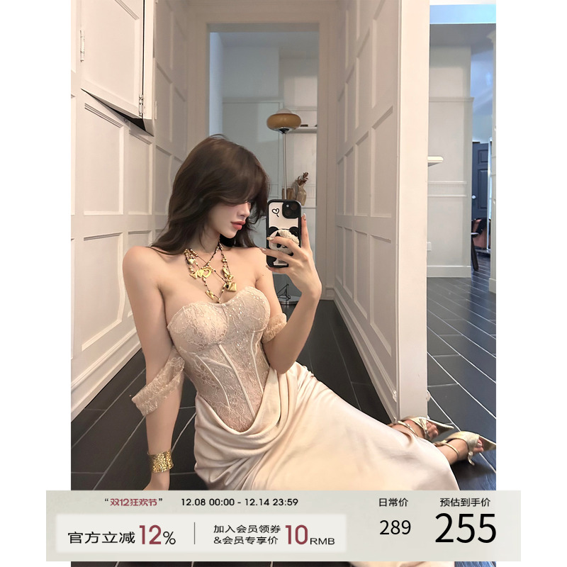 灰尘邓邓 重工设计感吊带裙2025冬季新款高级感抹胸长裙生日裙子