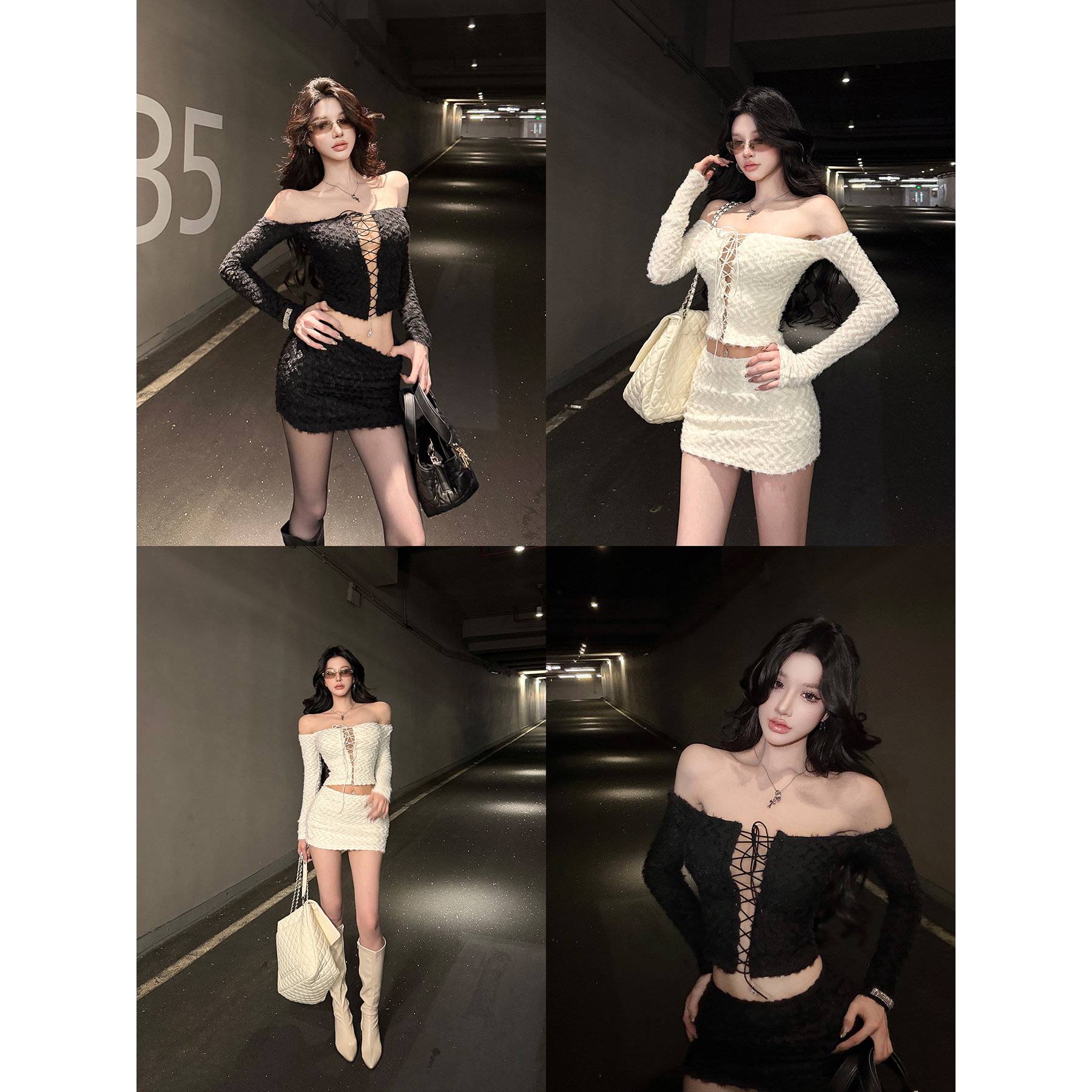 灰尘邓邓 辣妹针织套装女2025冬季新款一字肩性感上衣短裙两件套