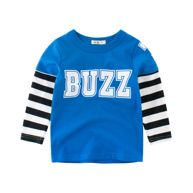 童装纯棉春秋新款儿童打底上衣男女童拼色条纹7号BUZZ字母长袖T恤