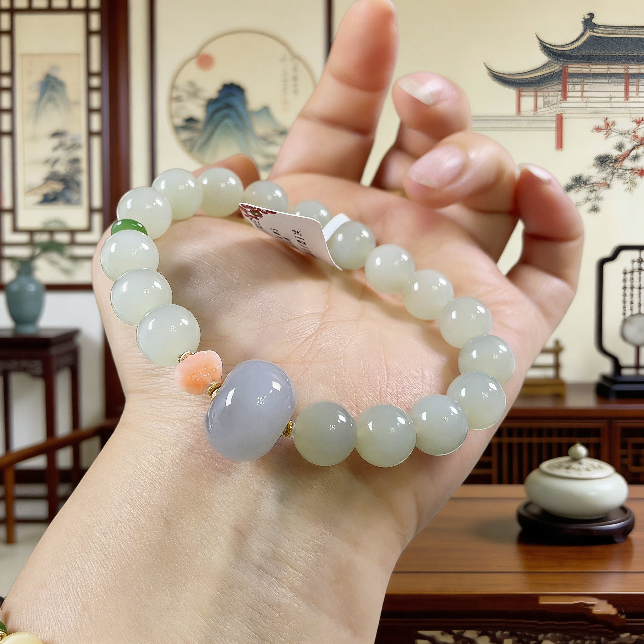 新疆无结构和田玉手串 烟紫桶珠多宝 新中式国风轻奢女款手链
