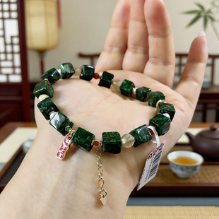 干青翡翠方糖手串 天然珍珠发晶南红隔珠 银牌国风手链