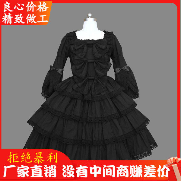2025年新款lolita洋装长袖荷叶边短裙表演礼服黑色洛丽塔女连衣裙