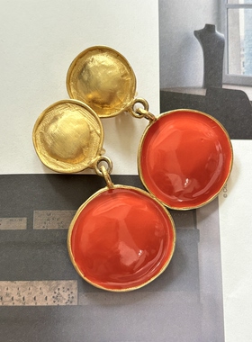 vintage中古GJD橙色珐琅釉金色圆形夸张耳夹