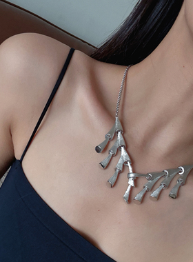 vintage中古Kramer无标银色竹节夸张项链