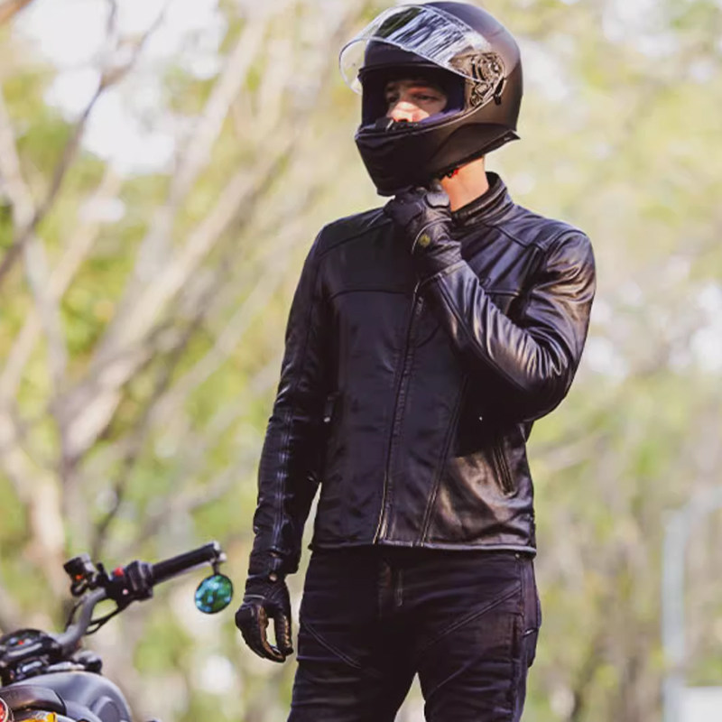 赛羽摩托车皮衣男机车骑行服休闲夹克复古牛皮防风牛仔裤JK128
