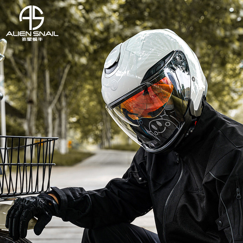 外星蜗牛R18摩托车头盔四季四分之三男女九号透气半盔双镜片春夏