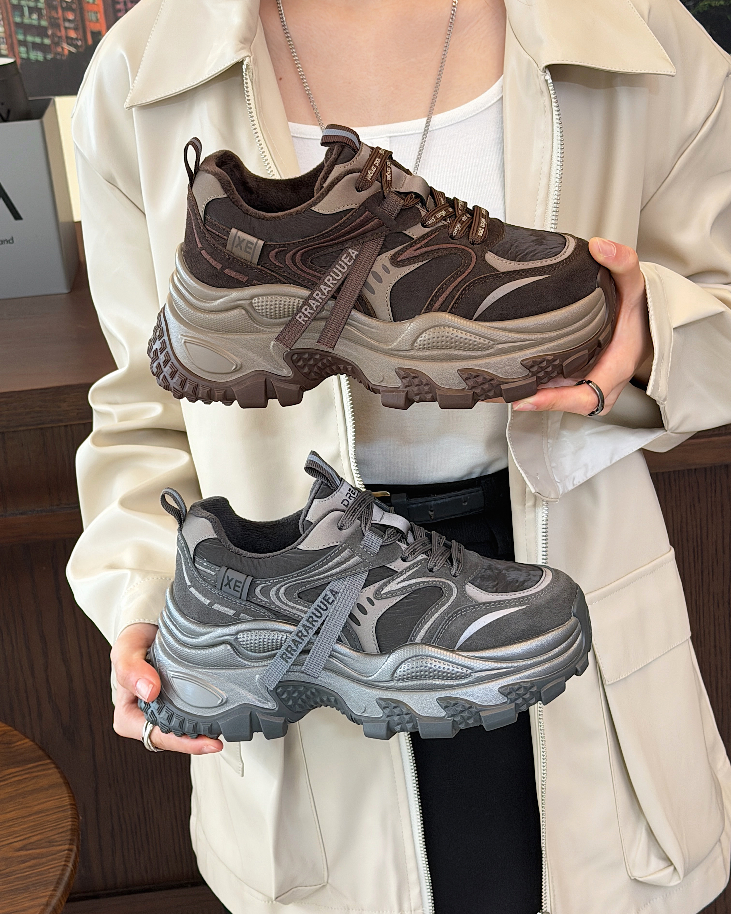 真皮厚底老爹鞋女2025冬新款加绒保暖百搭增高运动休闲鞋