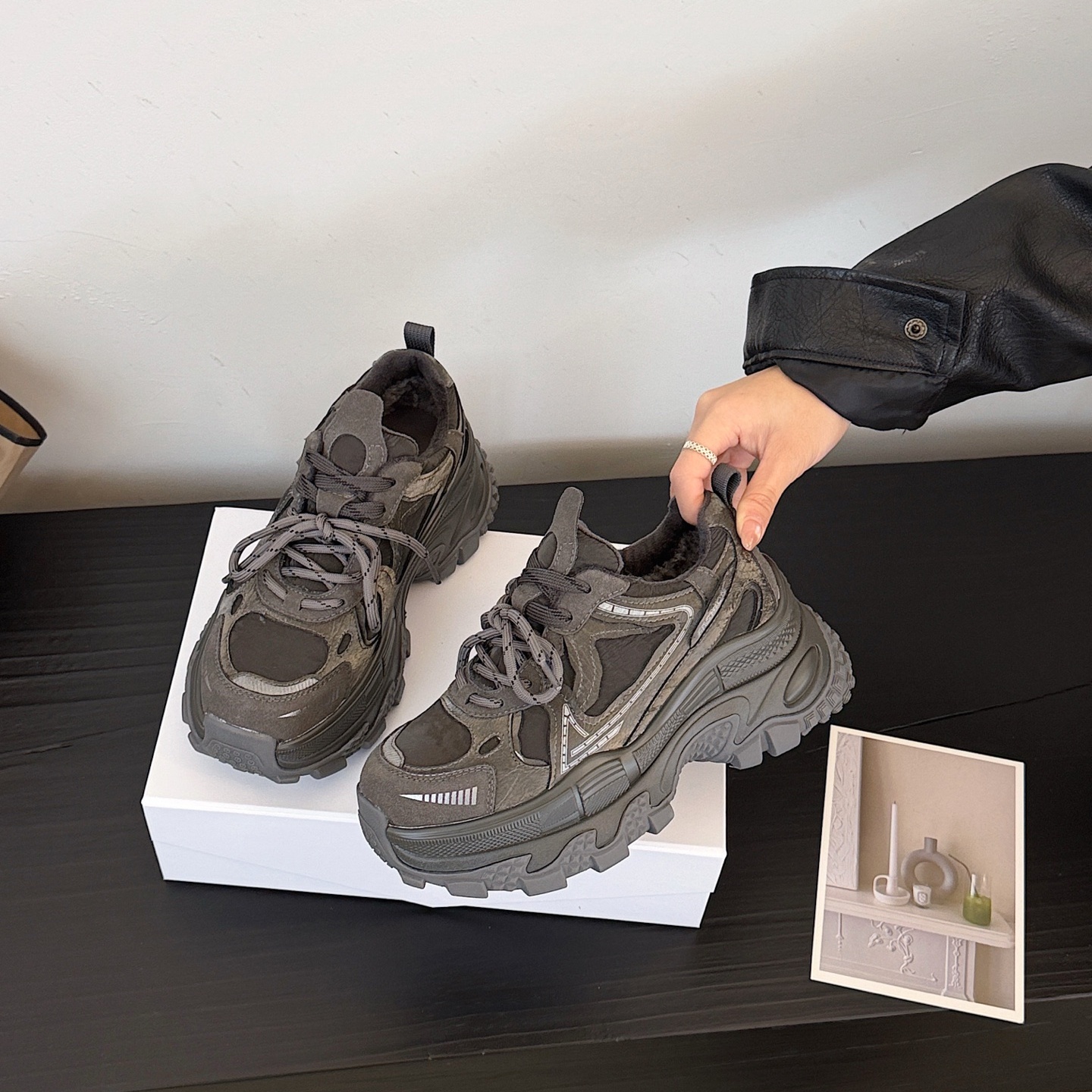 冬季真皮加绒增高老爹鞋女