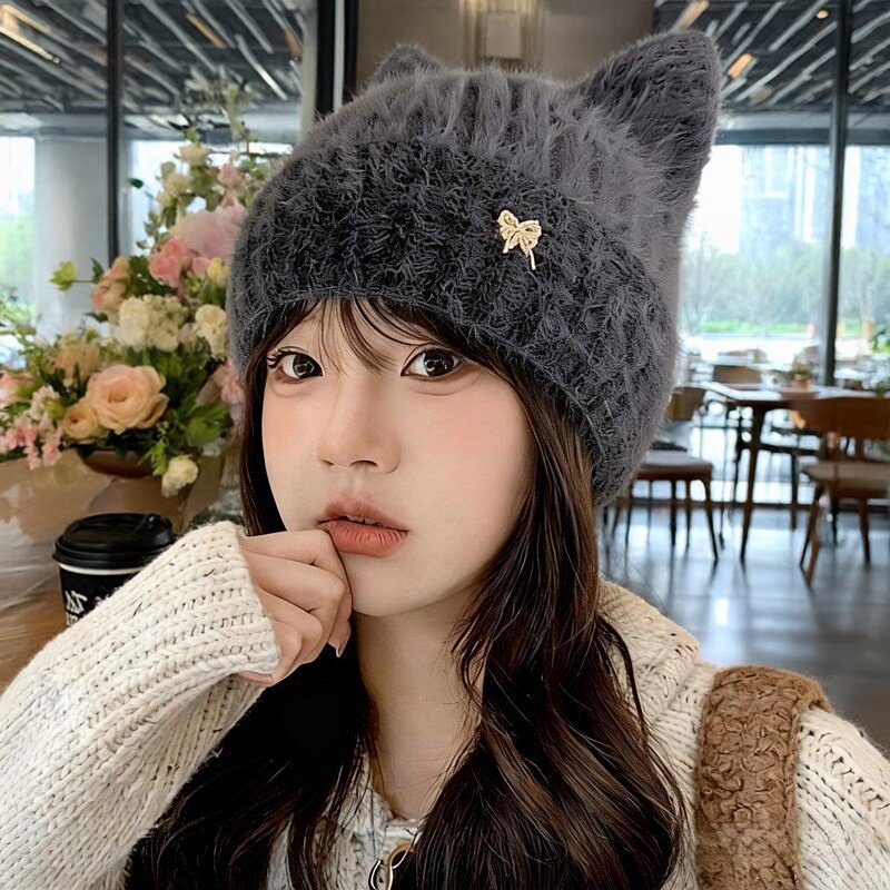 女帽子洋气时髦冬季毛线帽可爱猫耳朵针织帽保暖显脸小护耳冷帽