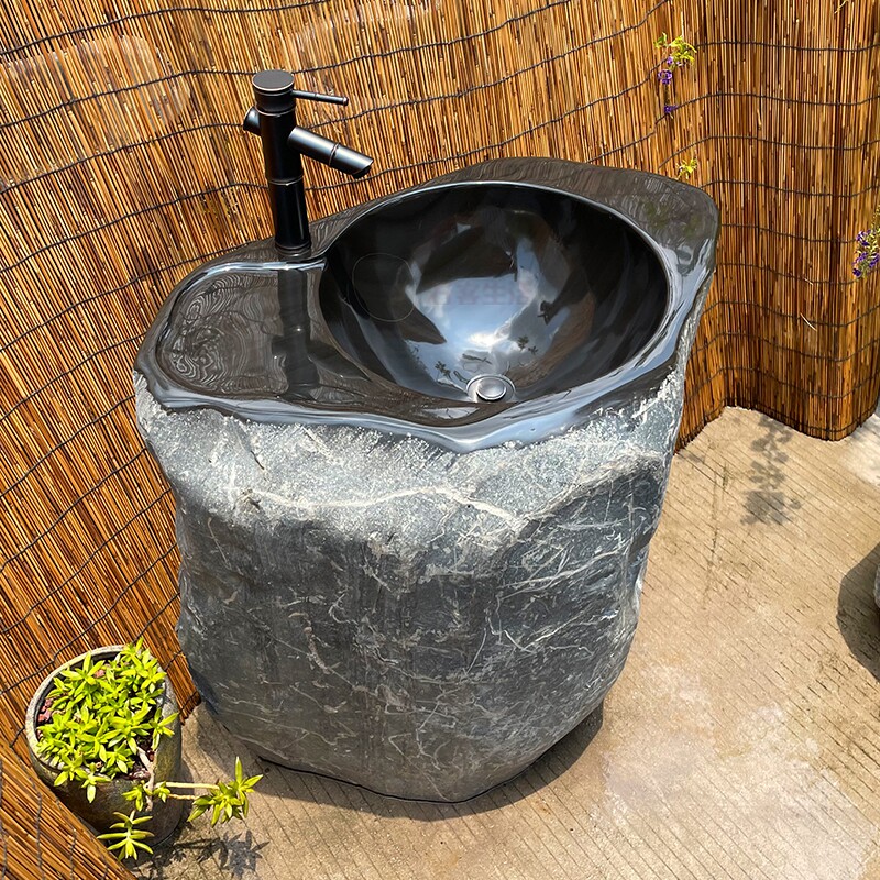 深黑光亮原石一体洗手盆户外花园艺术精品石头立柱圆槽洗水池新款