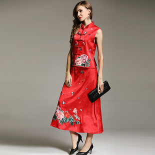 新中式马甲女春秋安娜滕国风提花刺绣盘扣上衣中长款半身裙子半裙