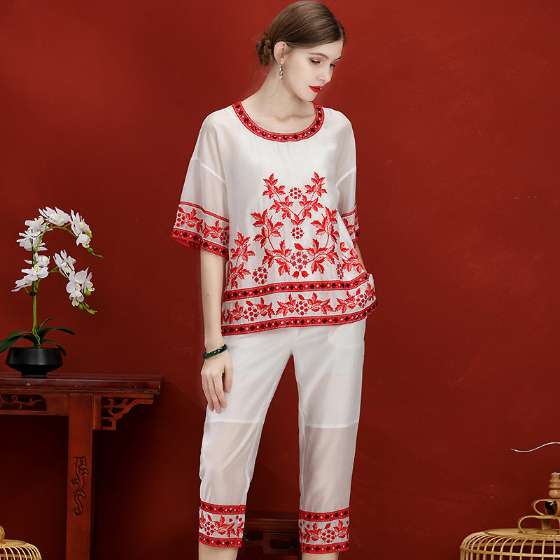 新中式套装女春夏安娜滕中国风刺绣大码圆领短袖上衣七分裤两件套