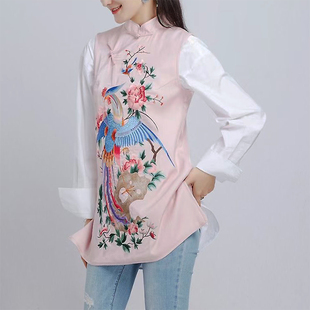 马甲女春秋中长款中式盘扣复古刺绣大码显瘦中国风坎肩背心外搭