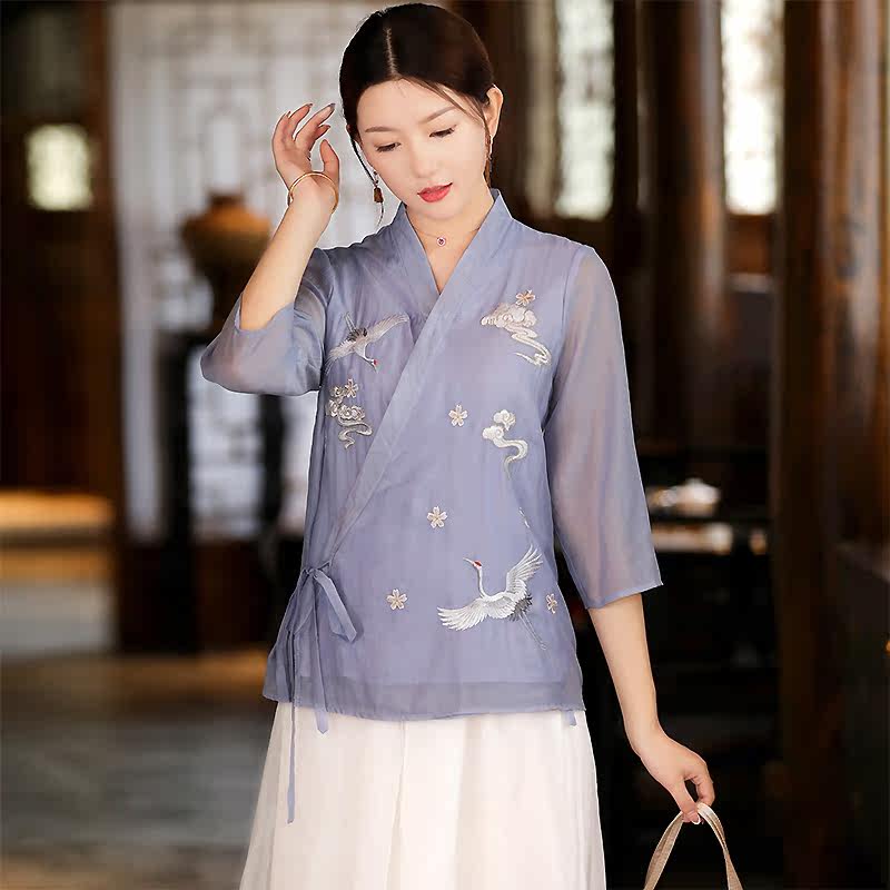 新中式上衣女夏大码宽松复古仙鹤刺绣天丝棉中国风改良汉服衬衫