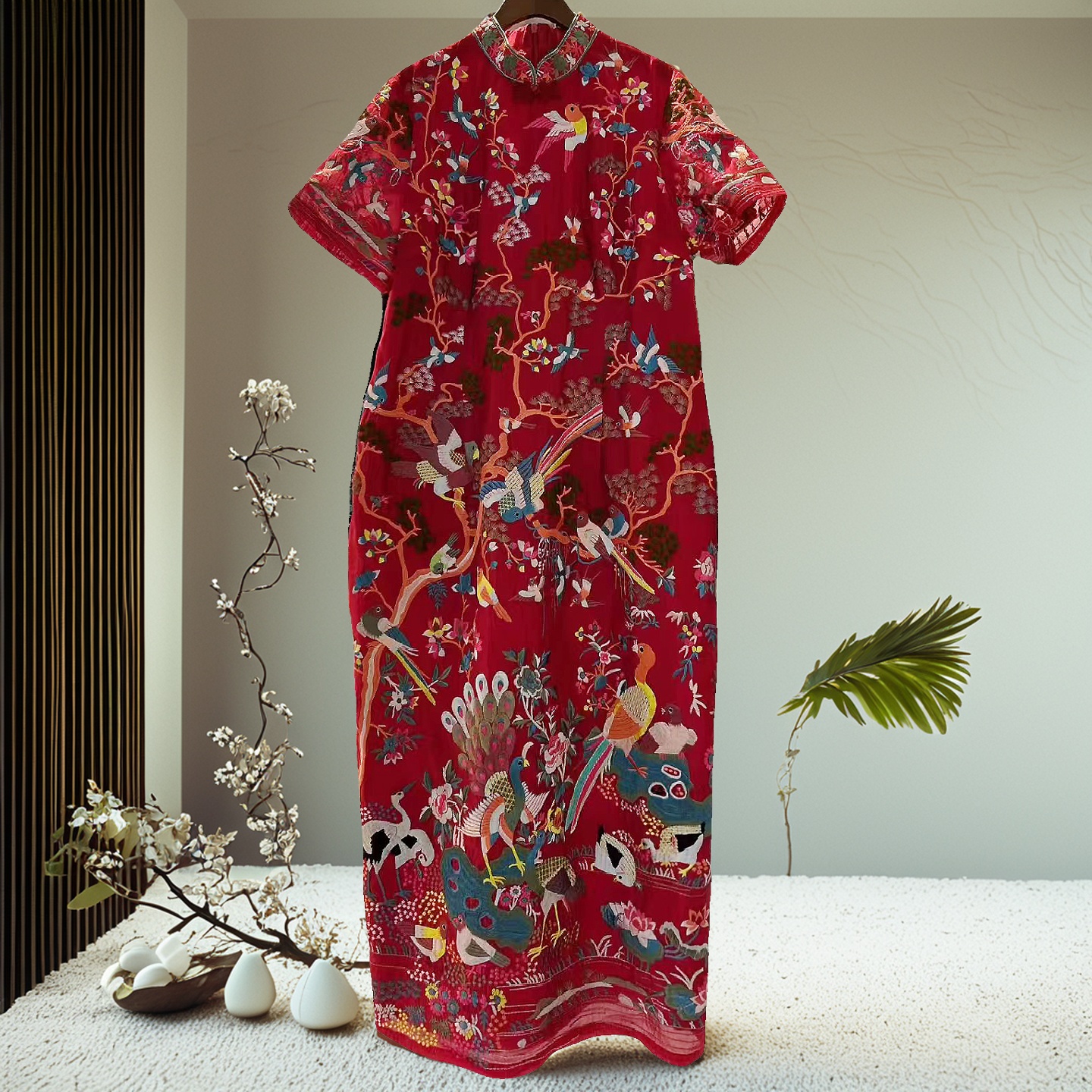 新中式国风连衣裙轻奢高级感安娜滕花鸟刺绣天丝大码显瘦改良旗袍