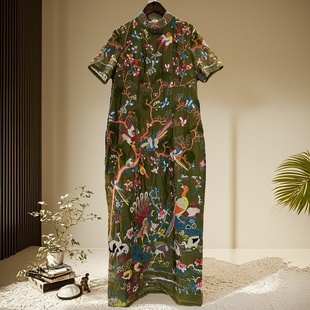 新中式国风连衣裙轻奢高级感安娜滕花鸟刺绣天丝大码显瘦改良旗袍