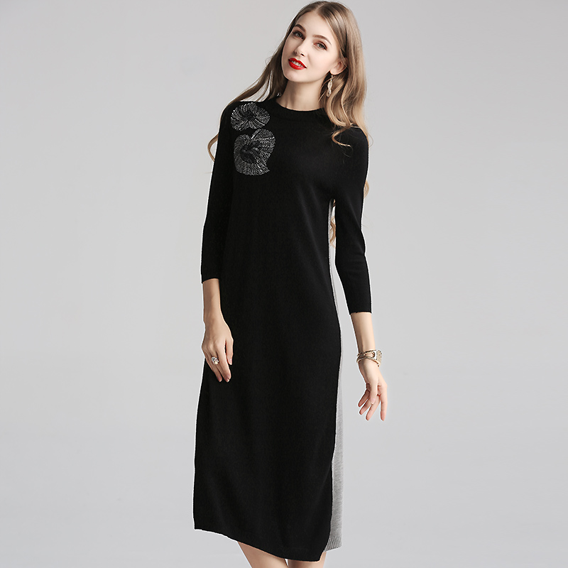 羊毛针织连衣裙女秋冬中长款复古钉珠名媛气质修身连衣裙打底裙子