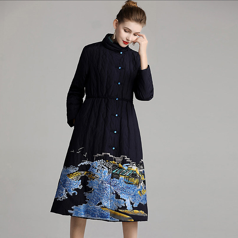 新中式羽绒服女款安娜滕复古国风刺绣中长款修身收腰白鸭绒外套