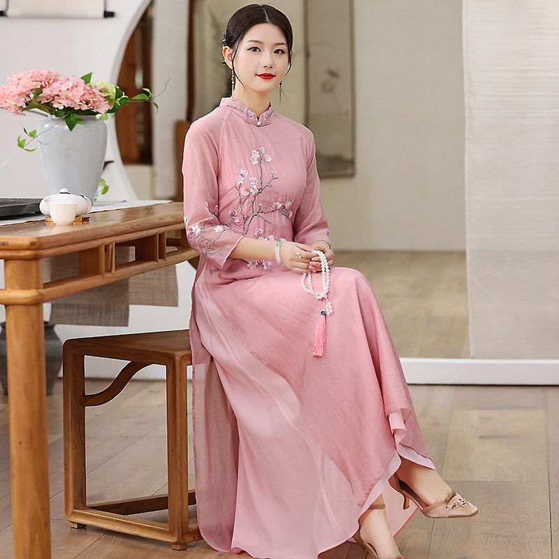 旗袍女改良高级感春夏季新款复古刺绣天丝修身中国风长裙礼服裙