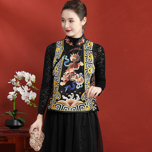 新中式马甲女春秋外穿宽松短款大码民族风复古刺绣中国风上衣女装