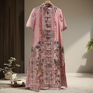 新中式连衣裙夏大码安娜滕国风刺绣花鸟民族风盘扣改良旗袍中长裙