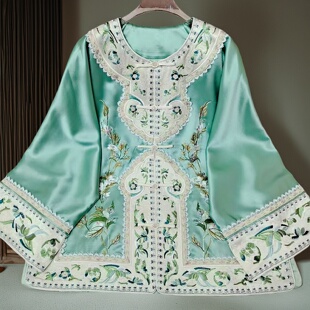 安娜滕新中式上衣女春秋宽松复古国风重工刺绣花边醋酸缎开衫外套