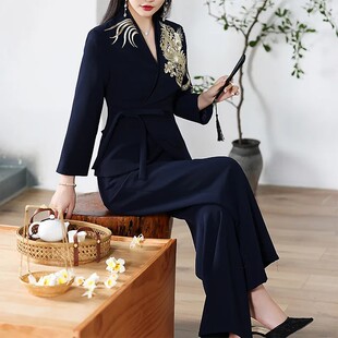 新中式套装女高级感安娜滕复古国风刺绣改良汉服上衣阔腿裤两件套