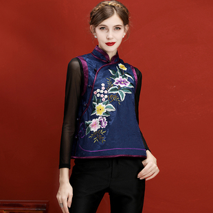 中国风马甲女复古绣花春秋短款大码民族风女装中式上衣背心坎肩