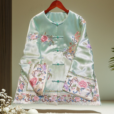 安娜滕新中式棉衣女士冬季宽松醋酸缎复古风重工刺绣接拼棉服棉袄