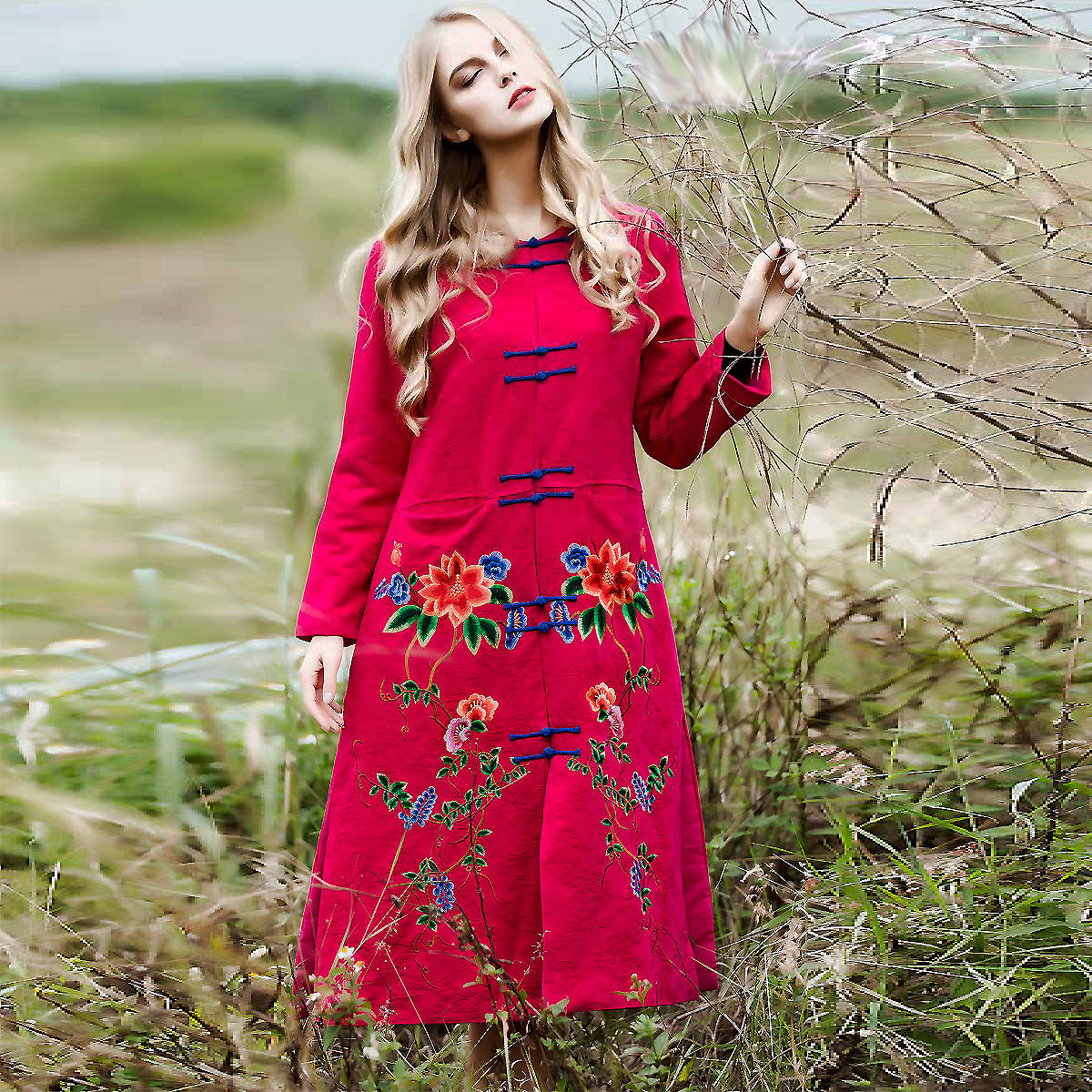 新中式棉服女安娜滕复古国风刺绣中长款修身盘扣圆领棉衣棉袄外套