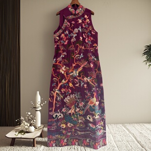 新中式旗袍连衣裙安娜滕复古国风天丝刺绣花鸟高级感大码礼服裙