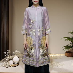 新中式连衣裙夏安娜滕中国风孔雀刺绣花大码天丝中长款开衫裙上衣